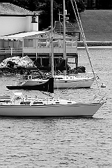 Ida Lewis Lighthouse Among Moored Sailboats - BW